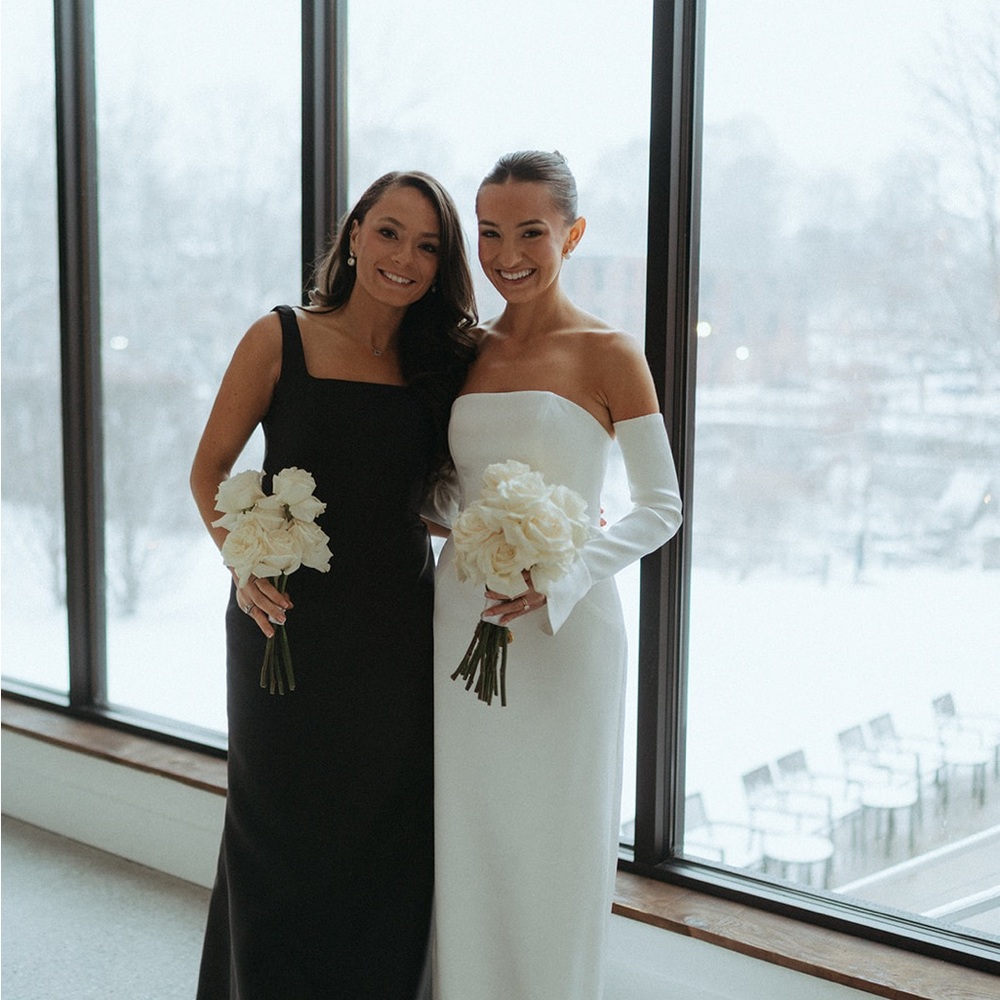 ALFRED SUNG Black Bridesmaid Dress & White Off-Shoulder Wedding Gown